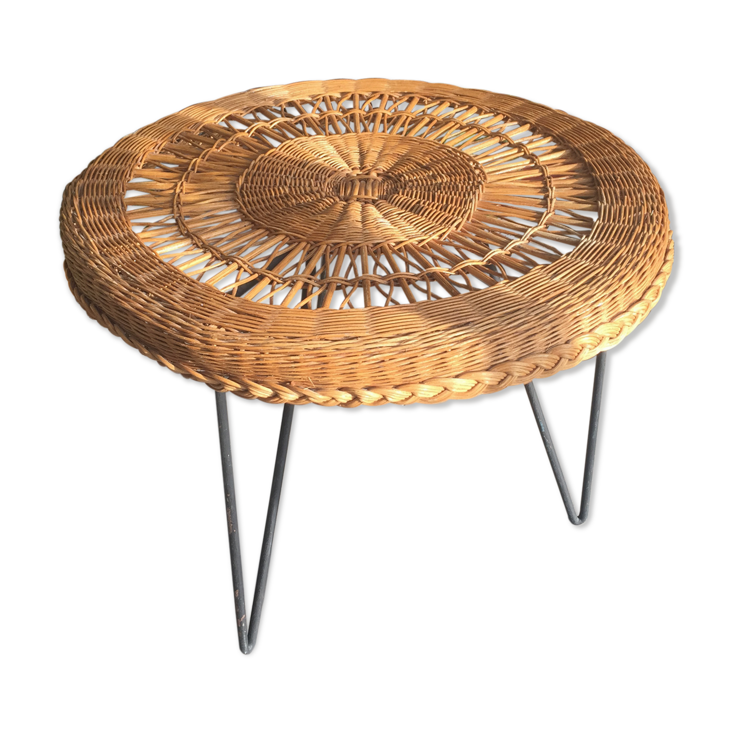 Low table in wicker and black metal, vintage