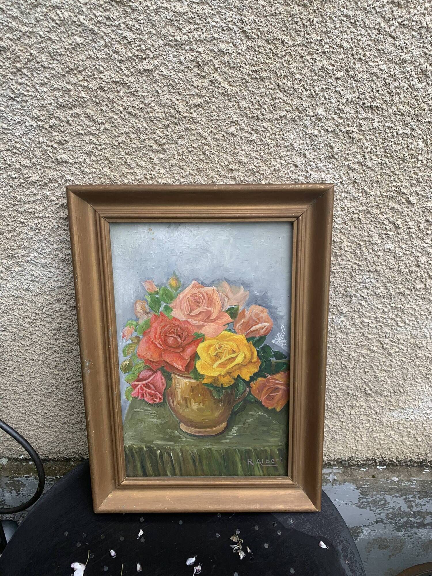 Painting on framed wood panel the bouquet of roses signed and vintage
