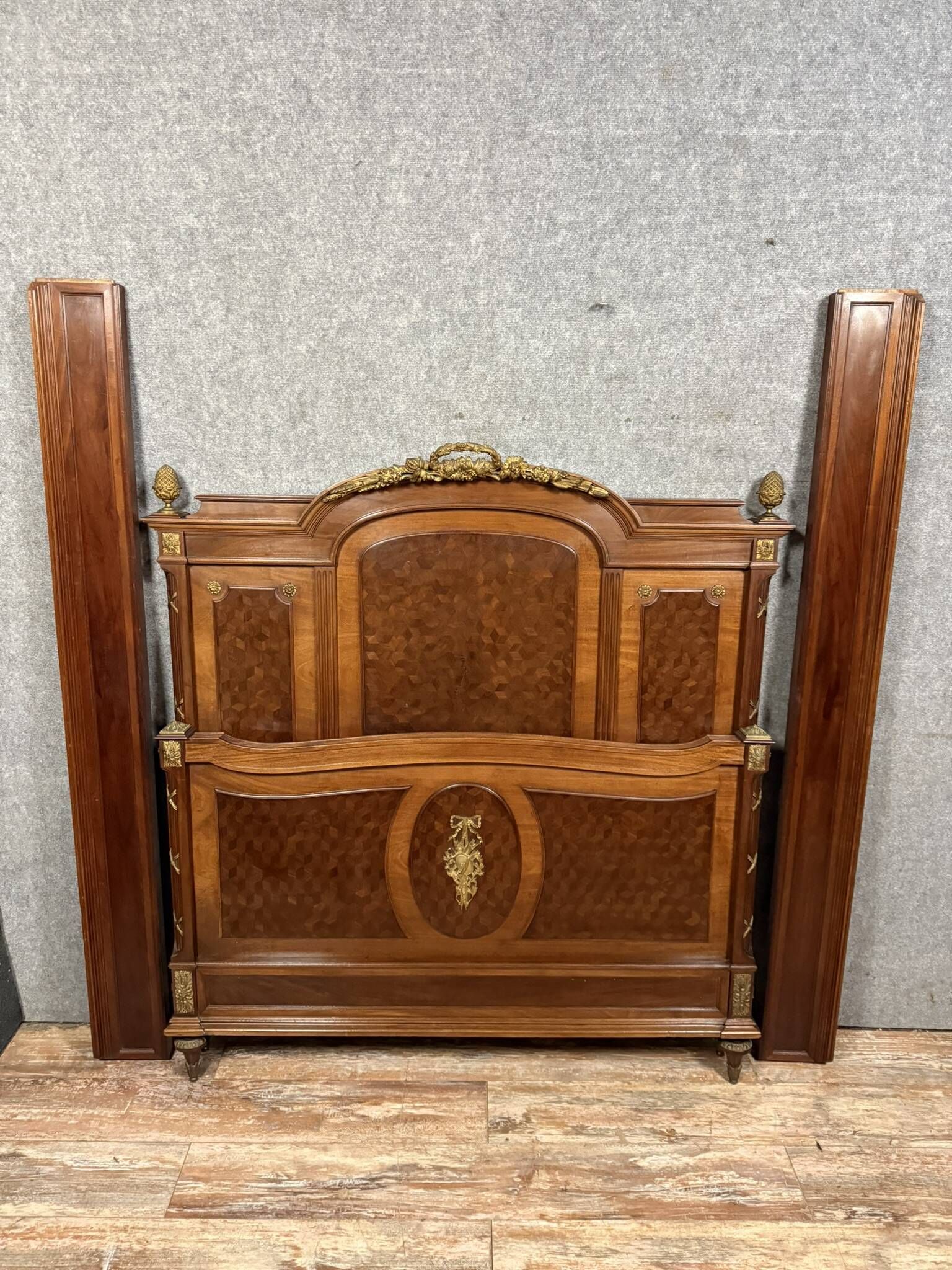 Louis XVI style Parisian center bed in marquetry and gilded bronze