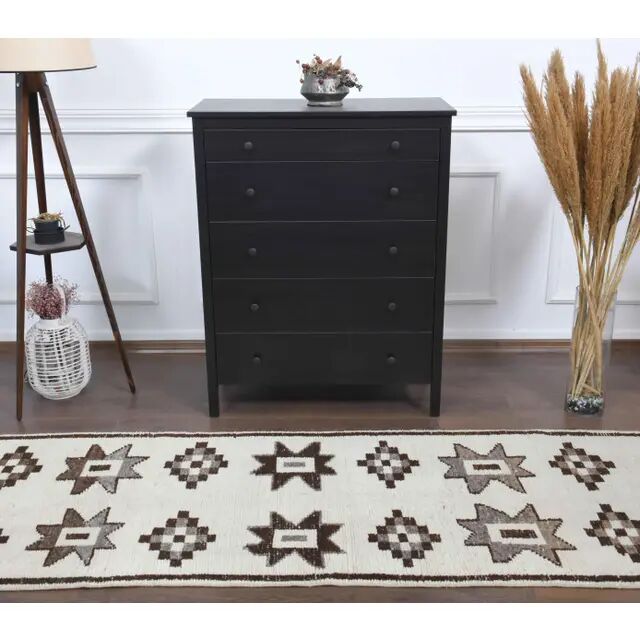1970s Vintage Turkish Hand-Knotted Wool Cotton White Runner Rug 90X310