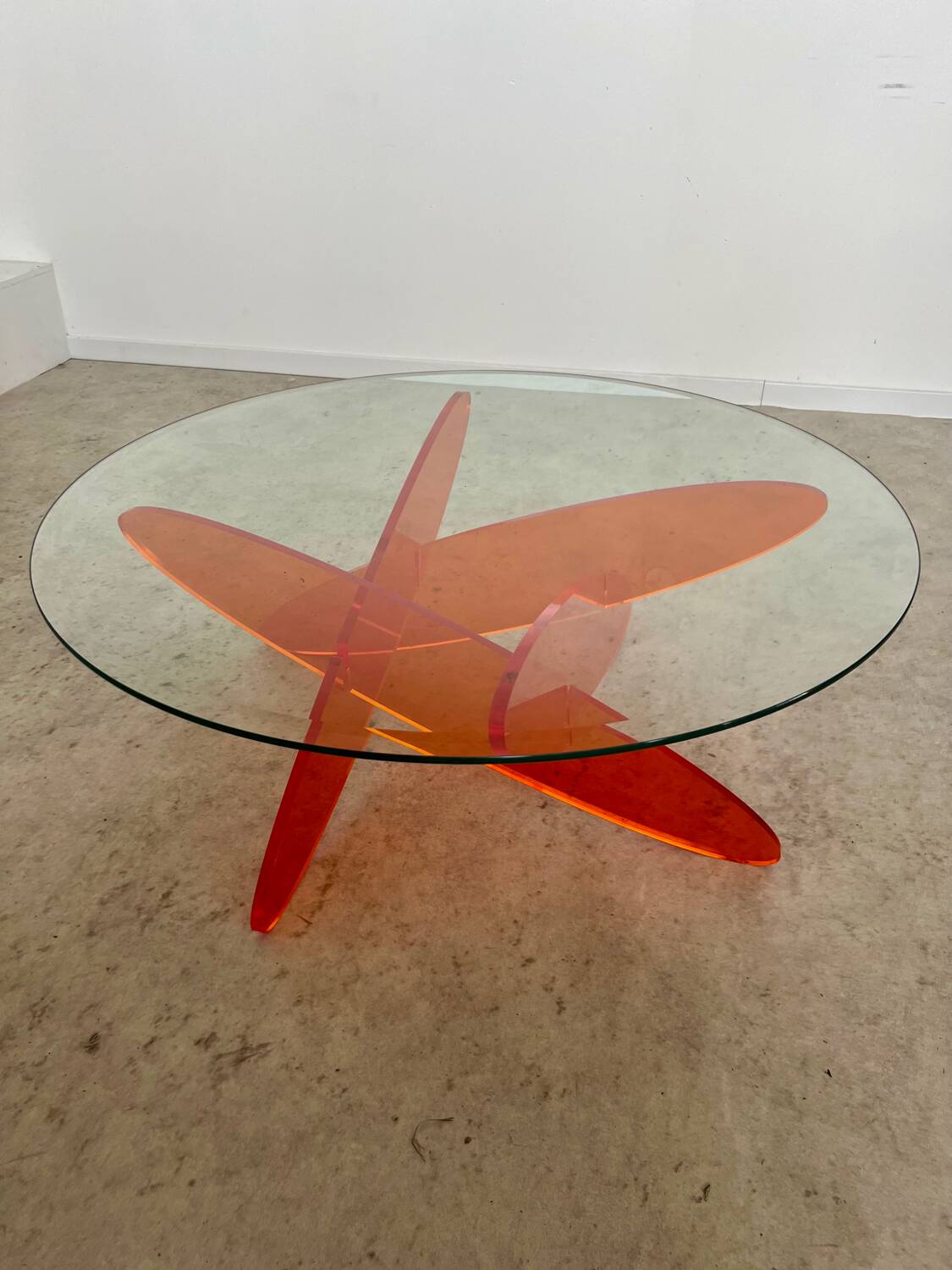 Geometric coffee table glass and orange plexi design 70s Space vintage age