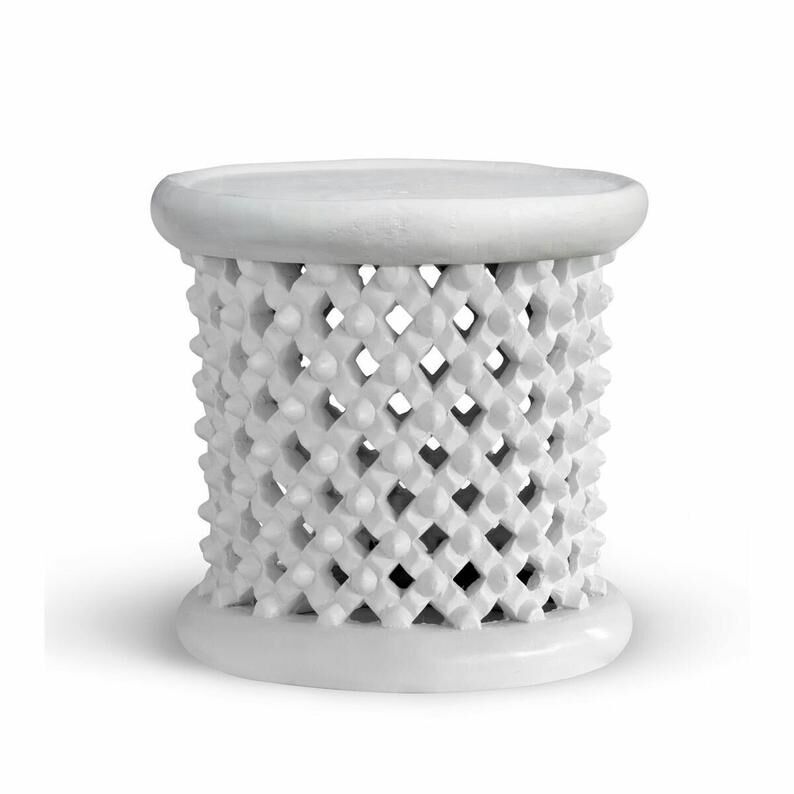 White wooden bamiléké stool white coffee table