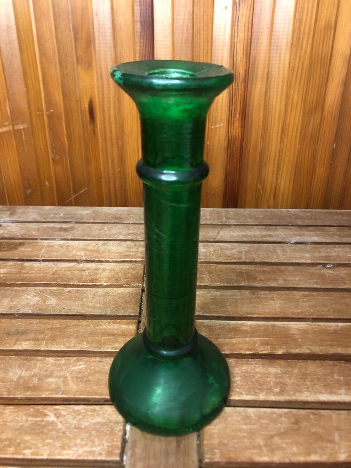 Series of 6 old vintage green bubble molded glass candlesticks #a529