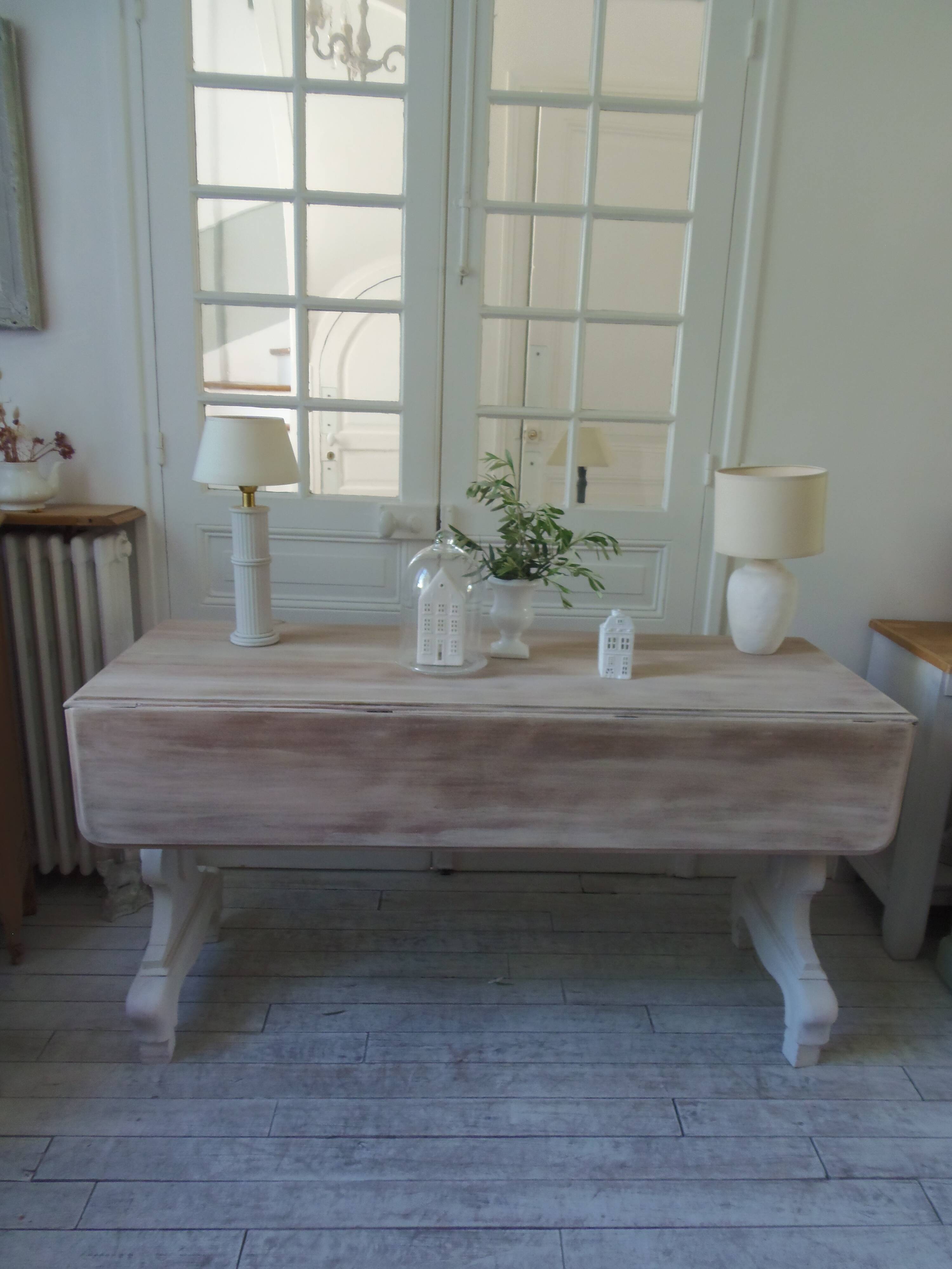 Console, solid walnut table with drop leaves.