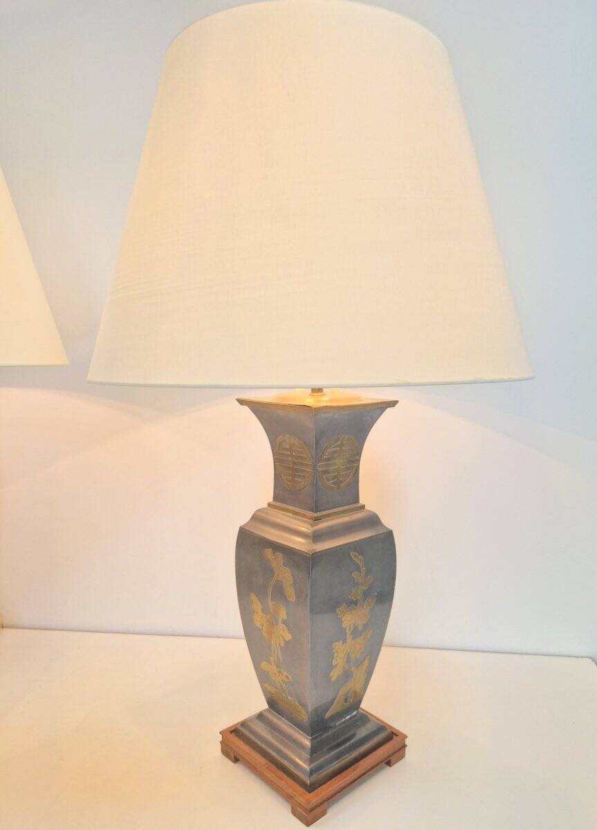 Vintage Asian Table Lamps in Pewter and Brass, 1950s, Set of 2