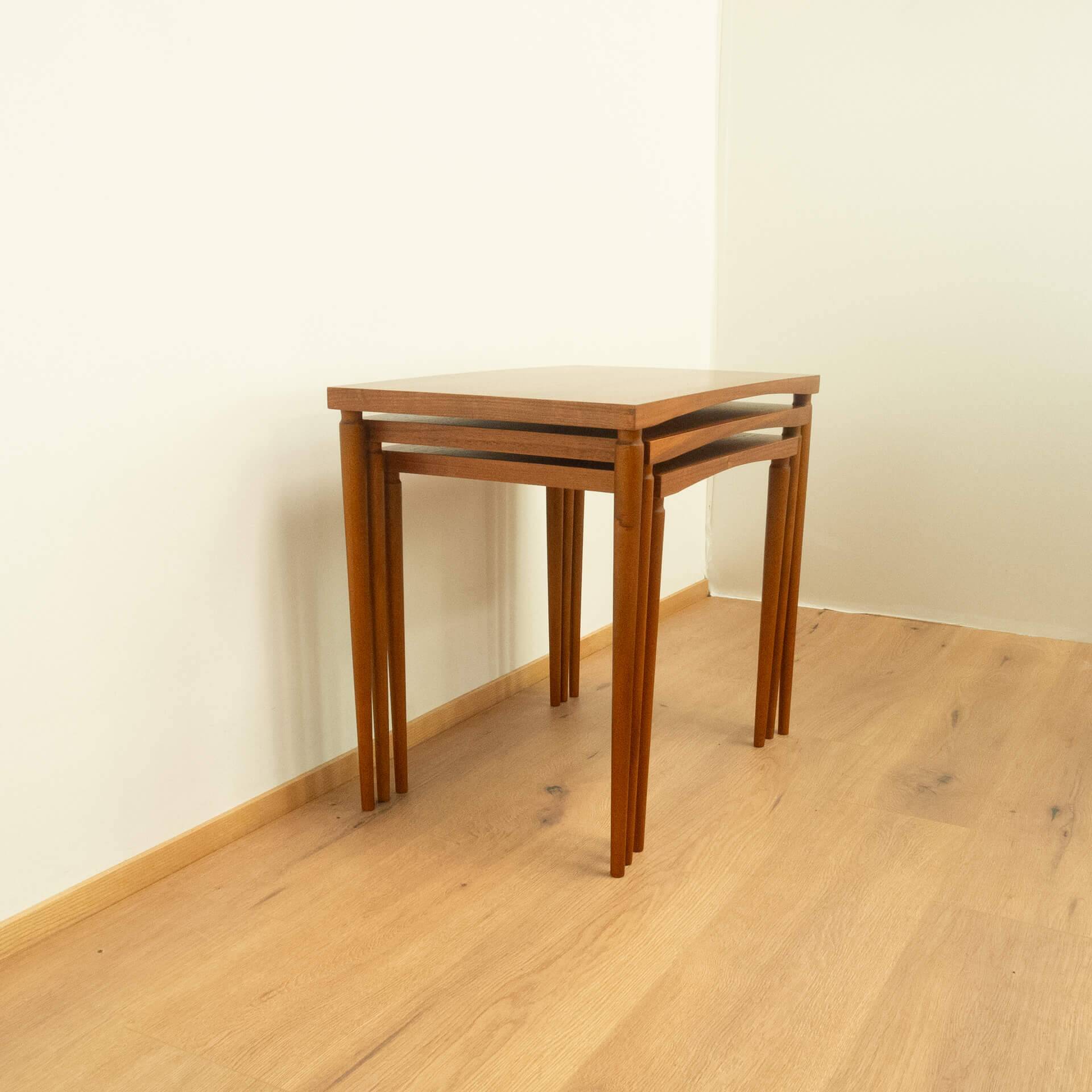 Set of 3 nesting tables, walnut with beech, vintage from the 60s