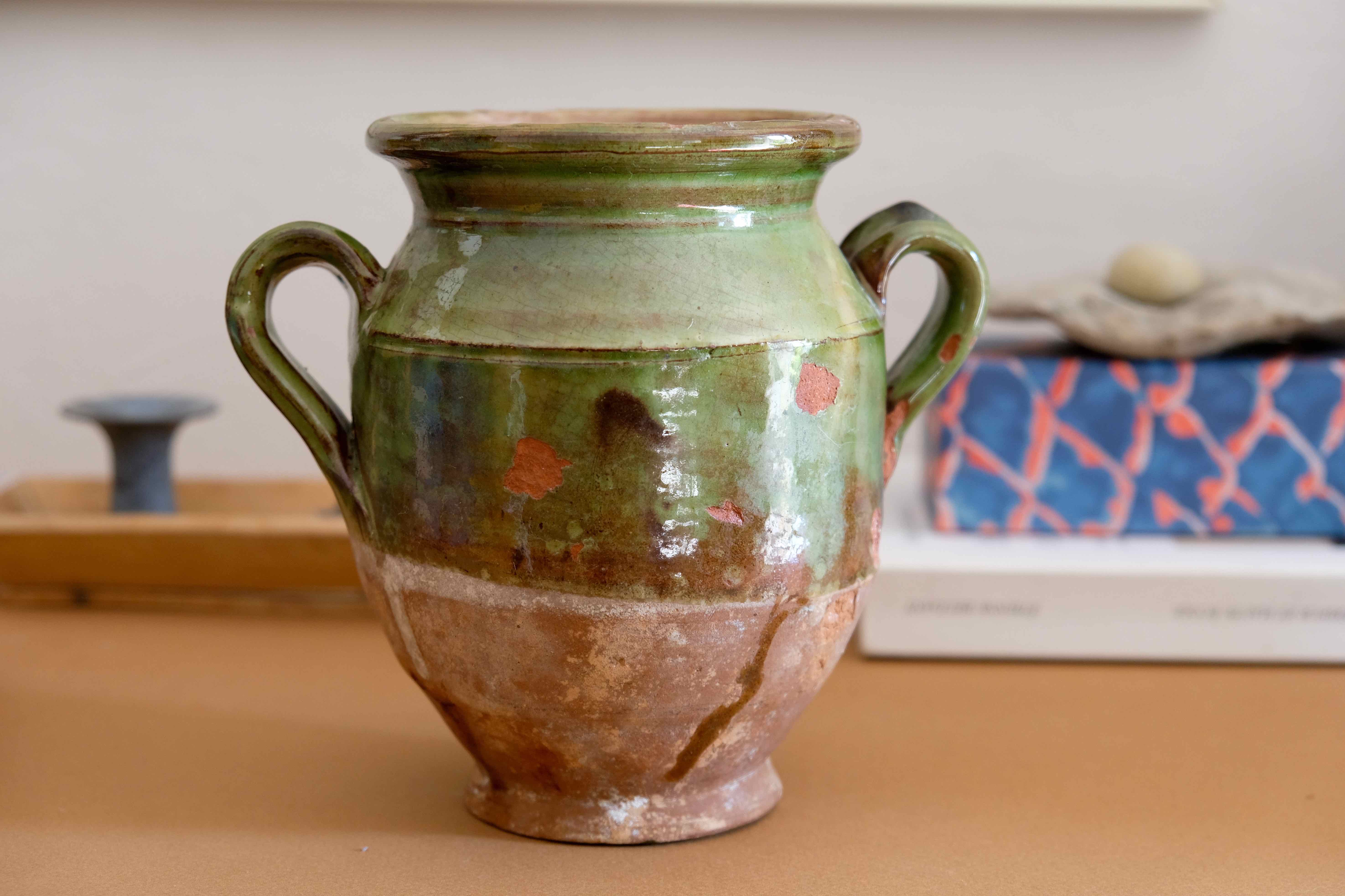 Terra cotta glazed Provencal old enameled antique olive jar