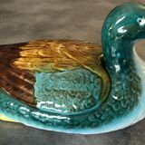Central soup, dish and lid in polychrome enamelled ceramic, duck shape