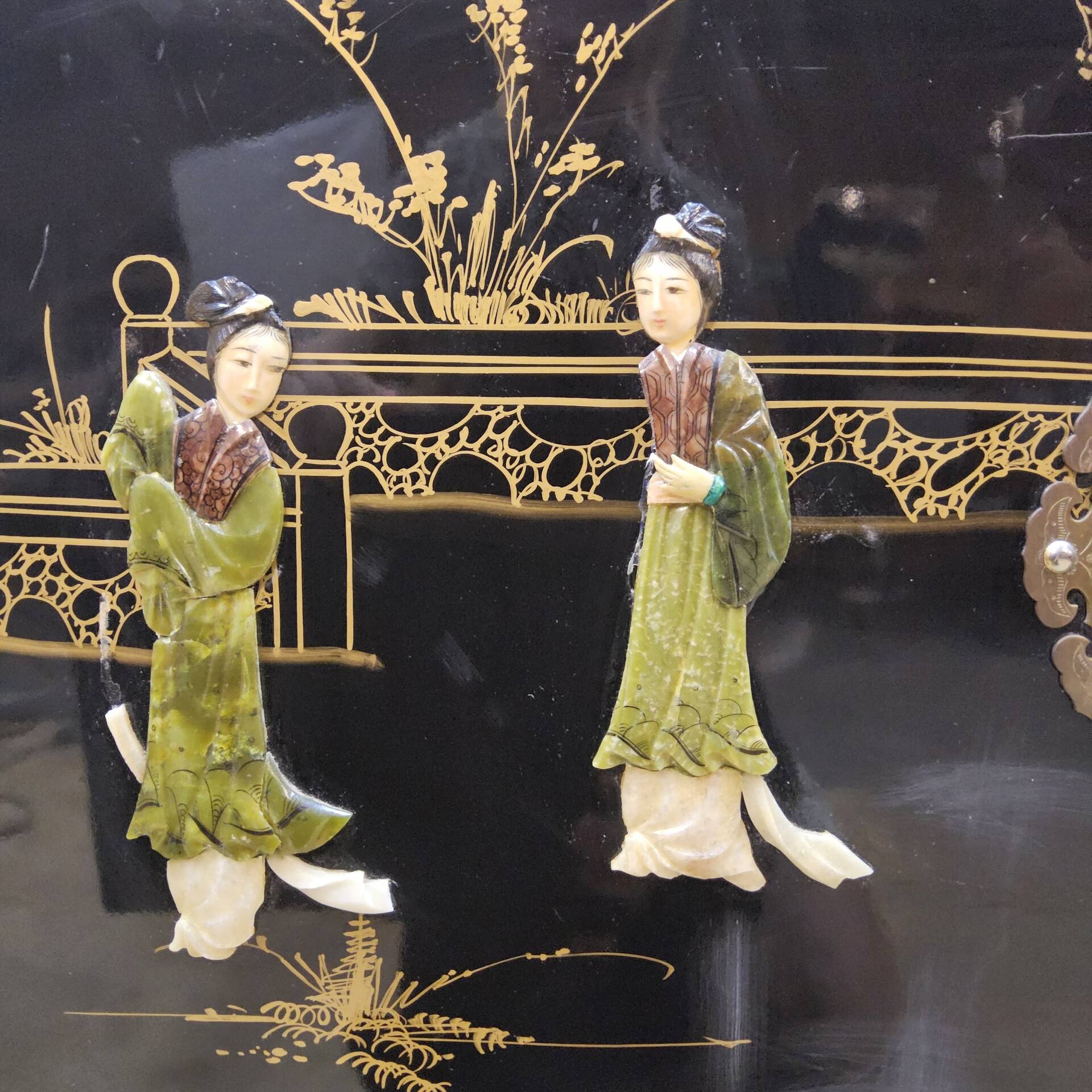 Vintage Chinese black lacquer cabinet soapstone, mother-of-pearl bohemia