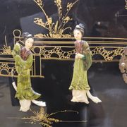 Vintage Chinese black lacquer cabinet soapstone, mother-of-pearl bohemia