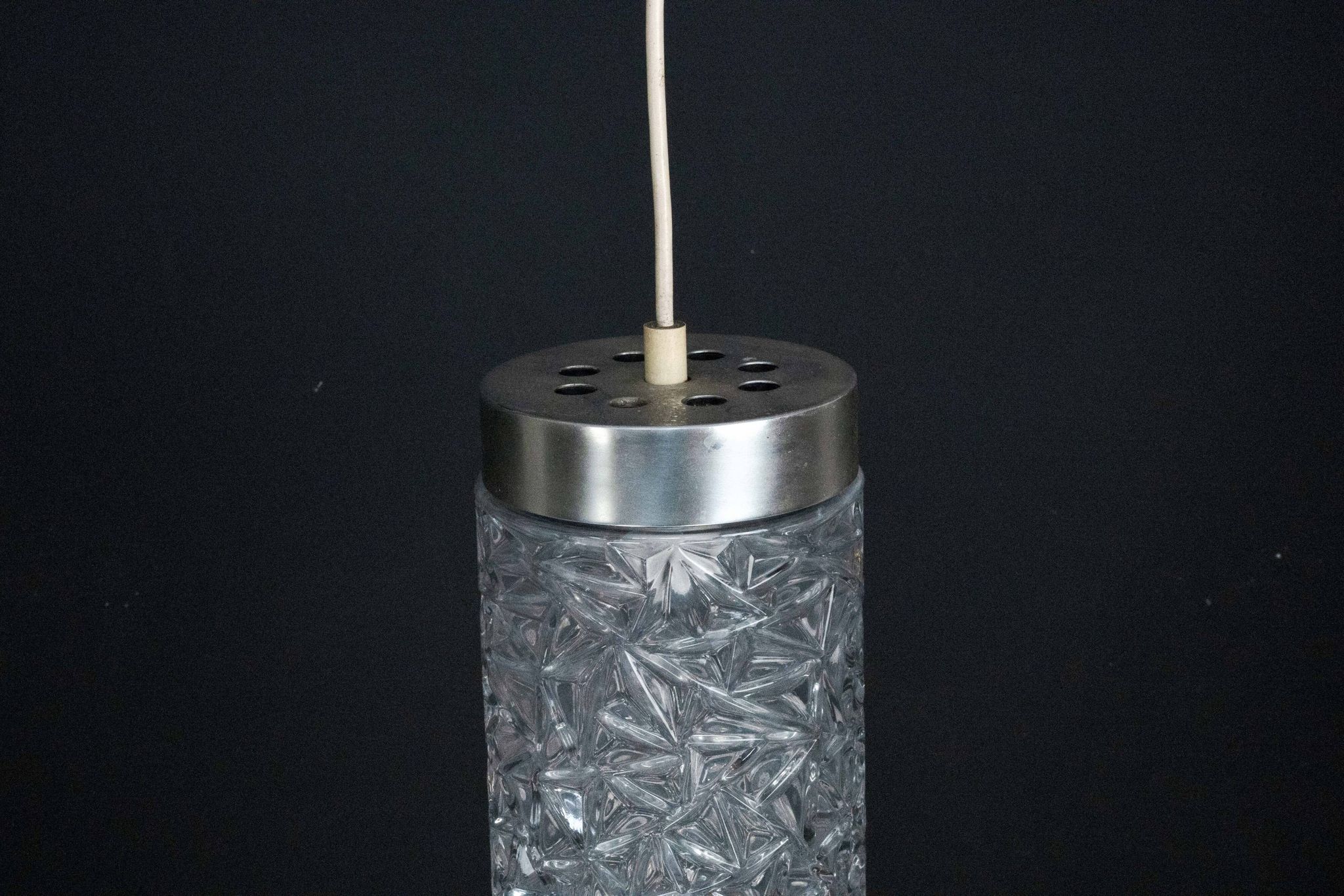Pair of Italian Pendant Lights in Glass and Polished Aluminum, 1970s