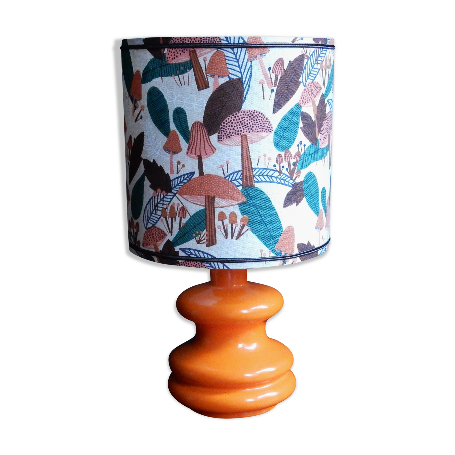 Mushroom lampshade and vintage orange glass lamp foot
