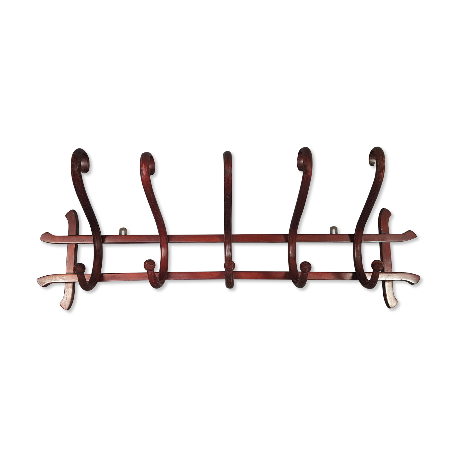 Curved wooden coat rack, 5 patères, Thonet label