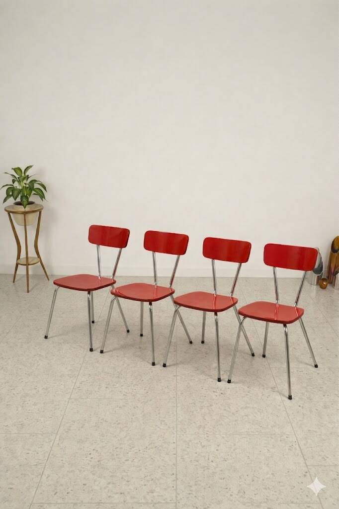 4 red formica chairs