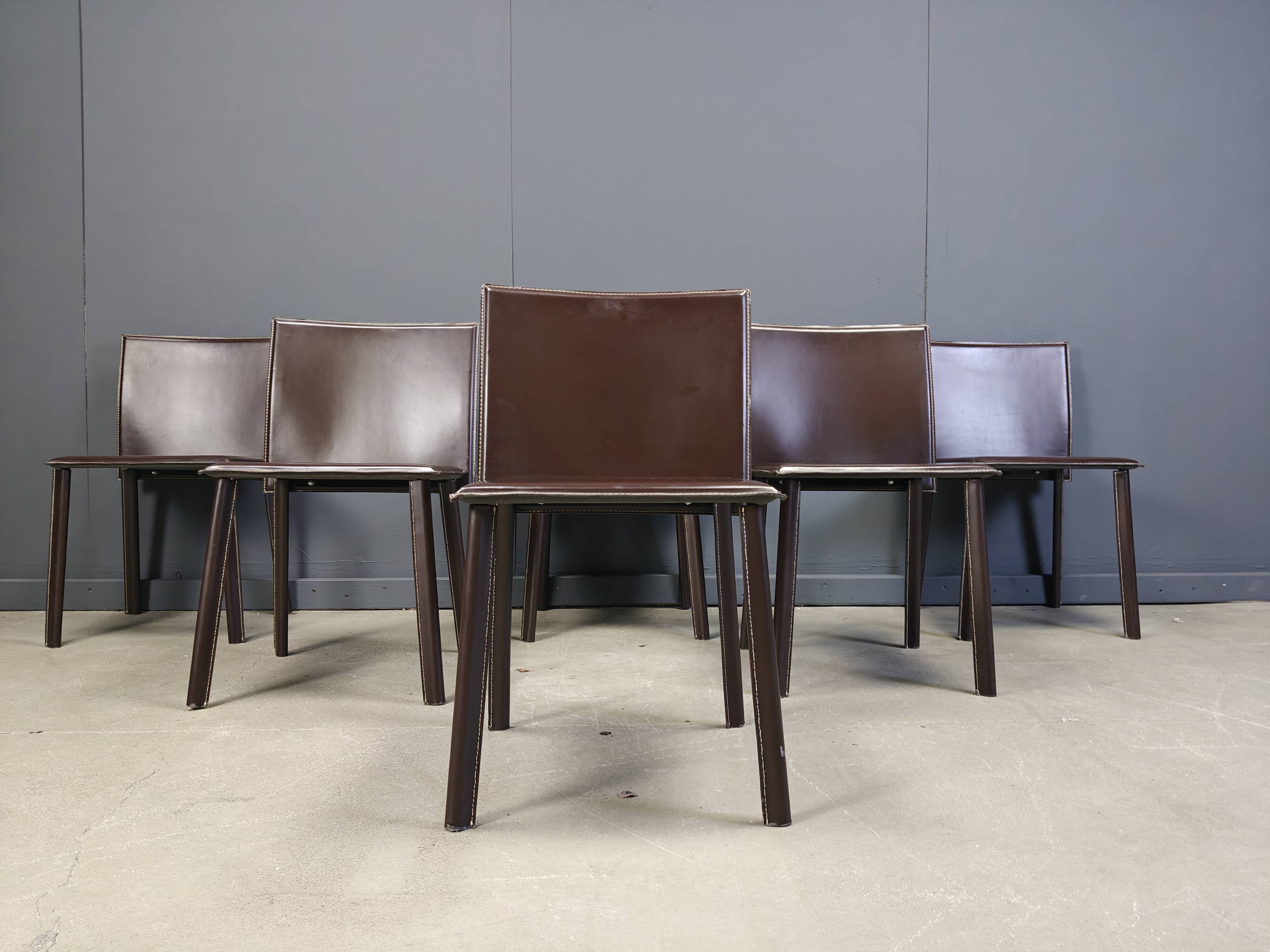 Vintage brown leather dining chairs, set of 6, 1980s