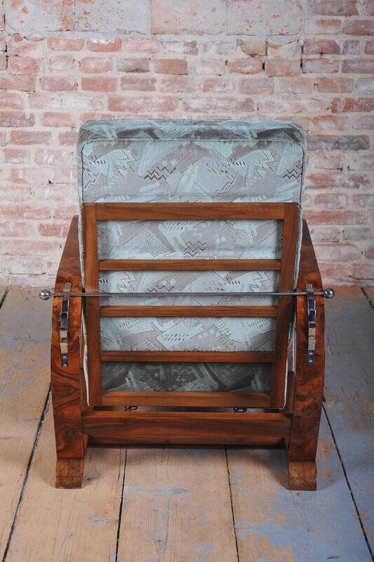 Czech Art Deco Walnut and Chrome Reclining Armchair, 1930s