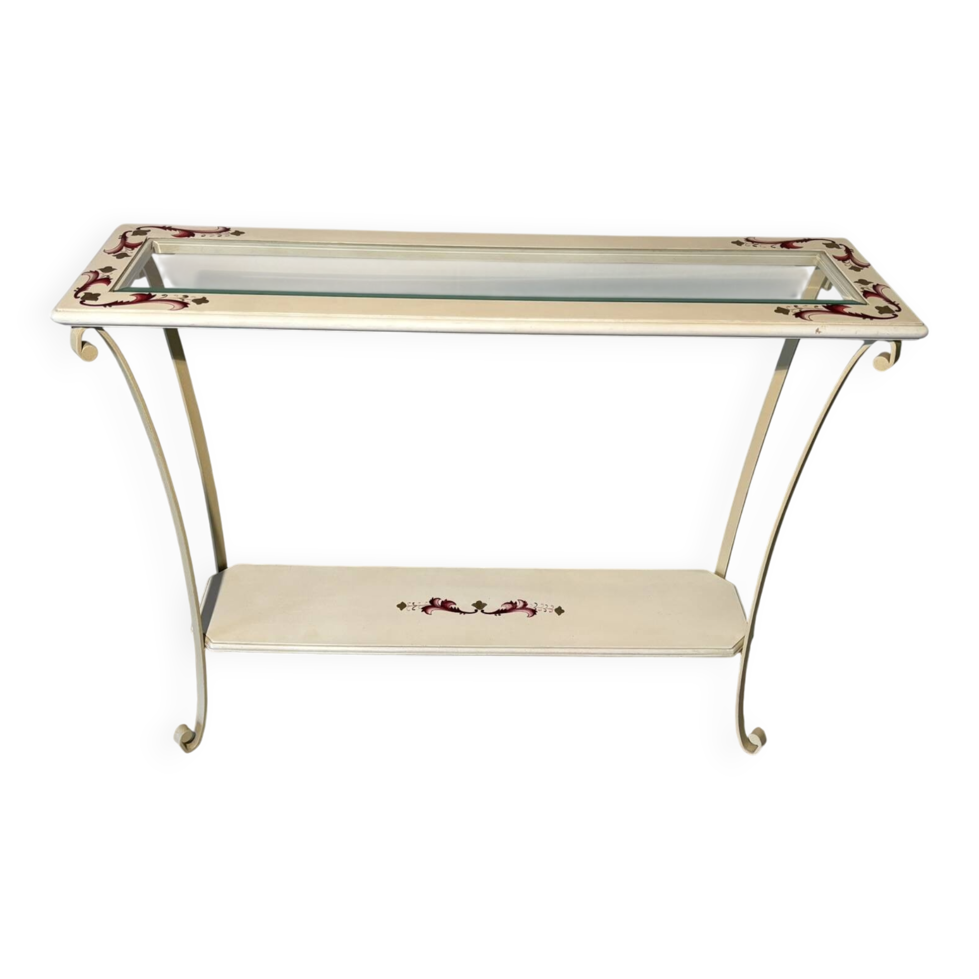 Console en fer forgé blanche à décor fleuri et plateau bois et verre