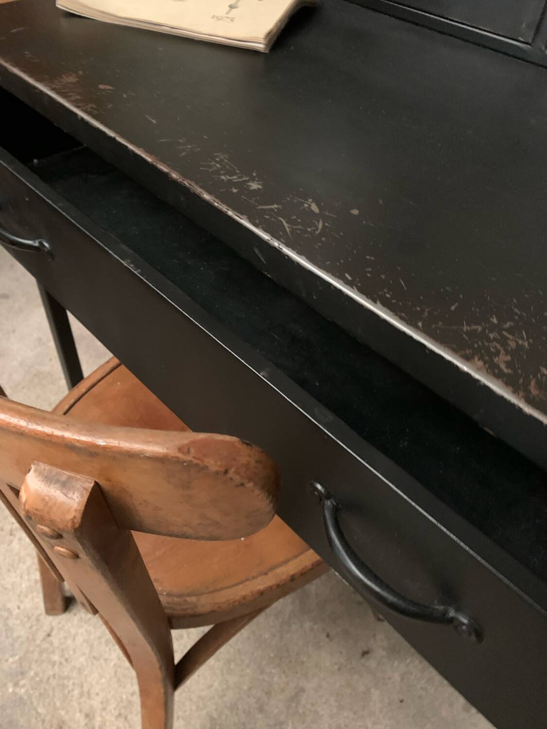 Matte black industrial secretary desk