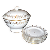 Niderviller lot de 6 assiettes Empire et soupière en porcelaine dure décor blé peint or 1790