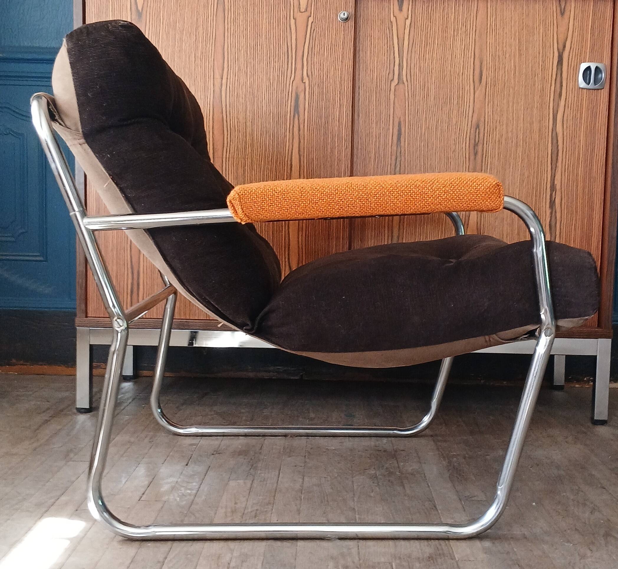 Fauteuil lounge style G.Lundgren pour Ikea, velours & tubes chromés 1970