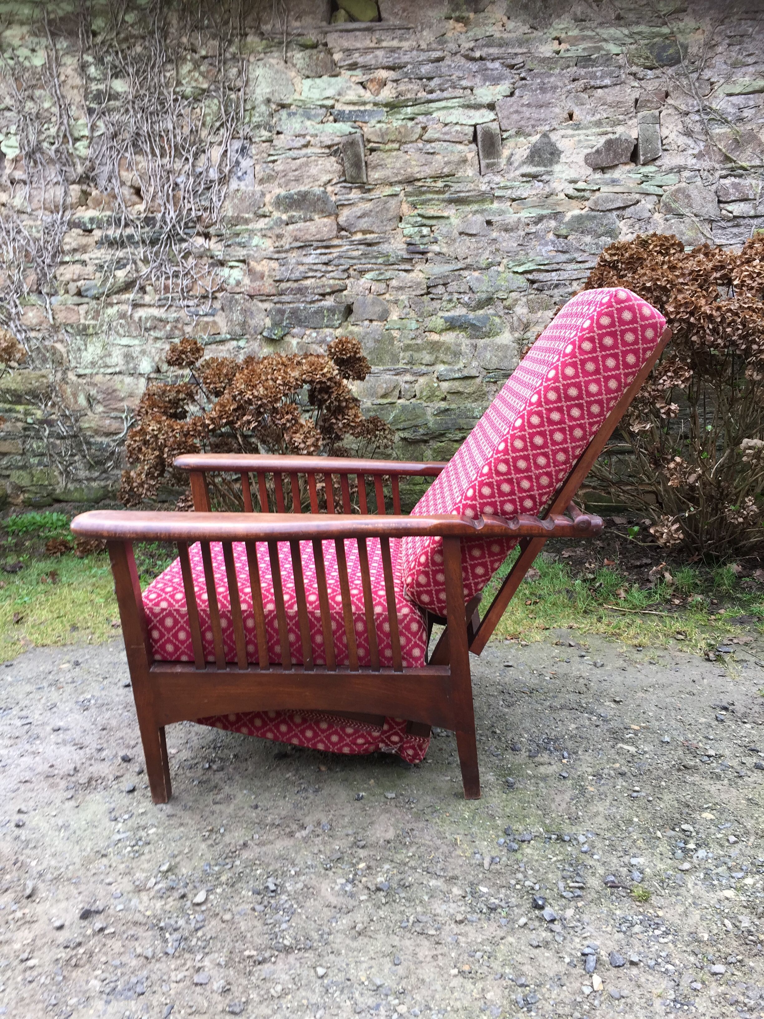 Vintage morris armchair in beech and fabric bordeaux napoleon iii
