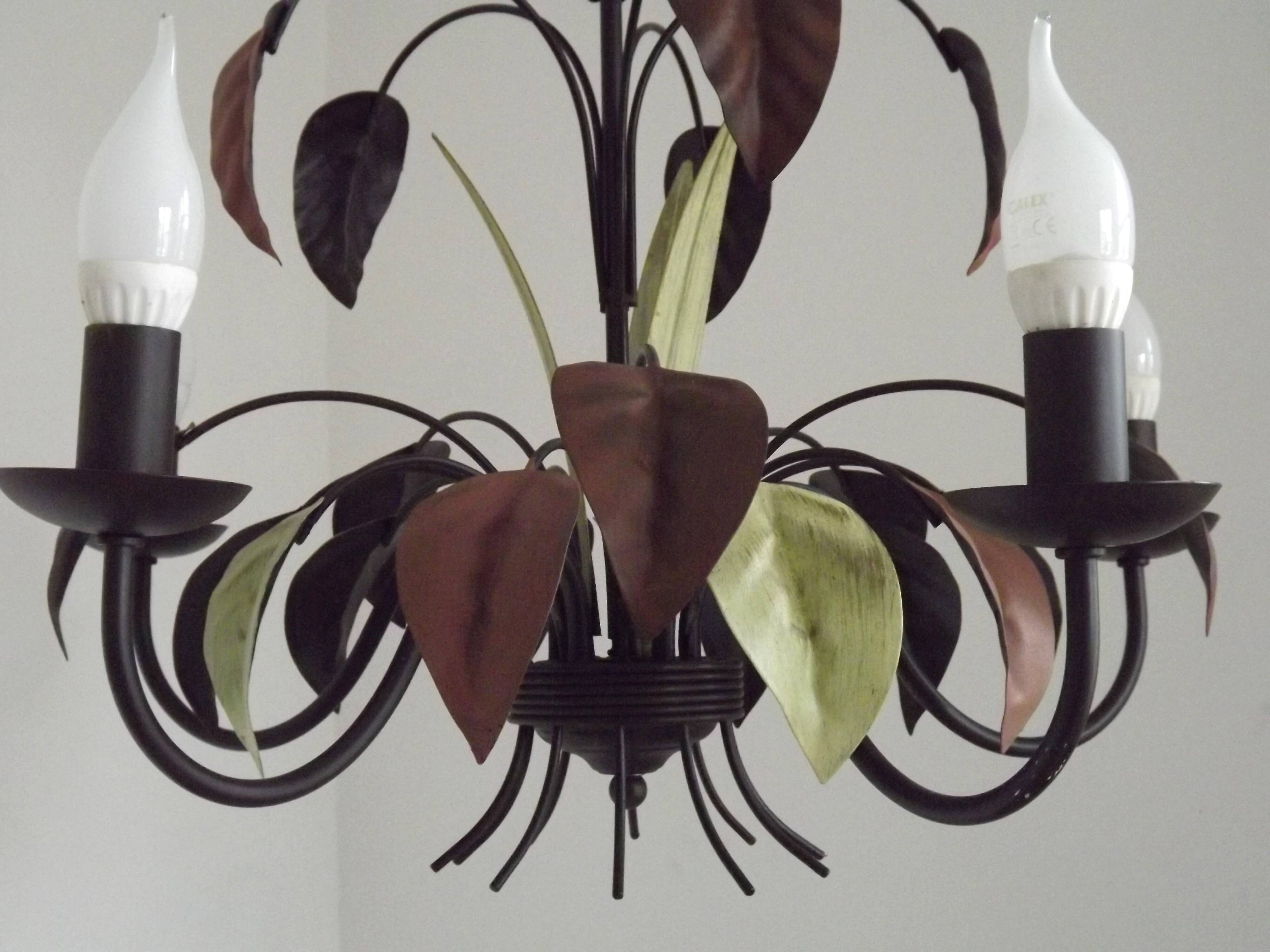 French Vintage 5 Light Brown & Green Tied Boquet Leaf Chandelier