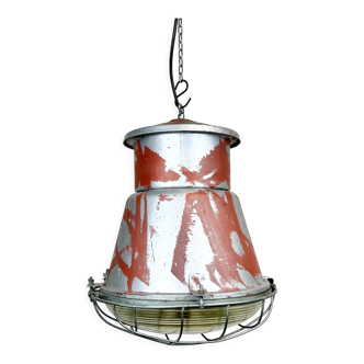 Industrial Cage Factory Pendant Lamp with Glass Cover from Mesko, 1970s