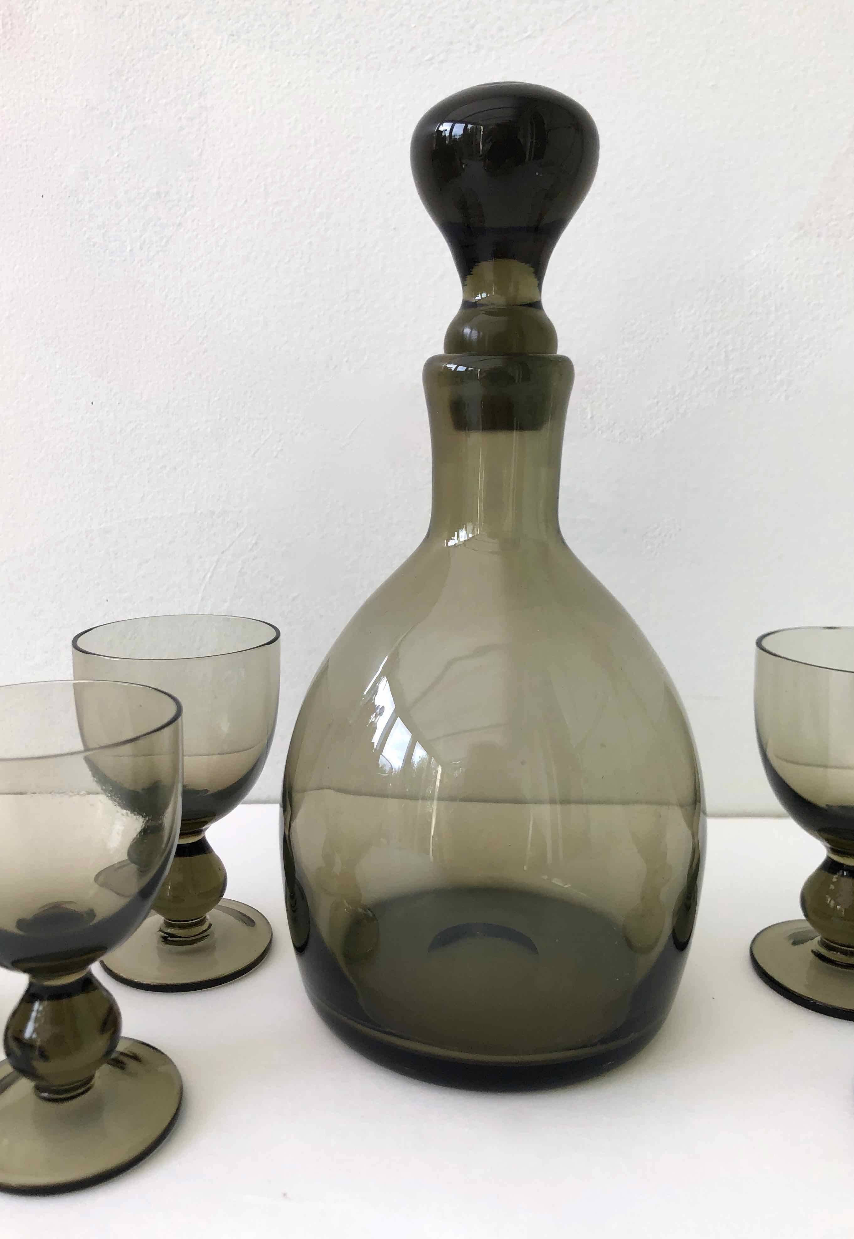 6 blown glass glasses and carafe 1960