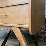 Vintage chest of drawers with compass feet, raw oak, 1960