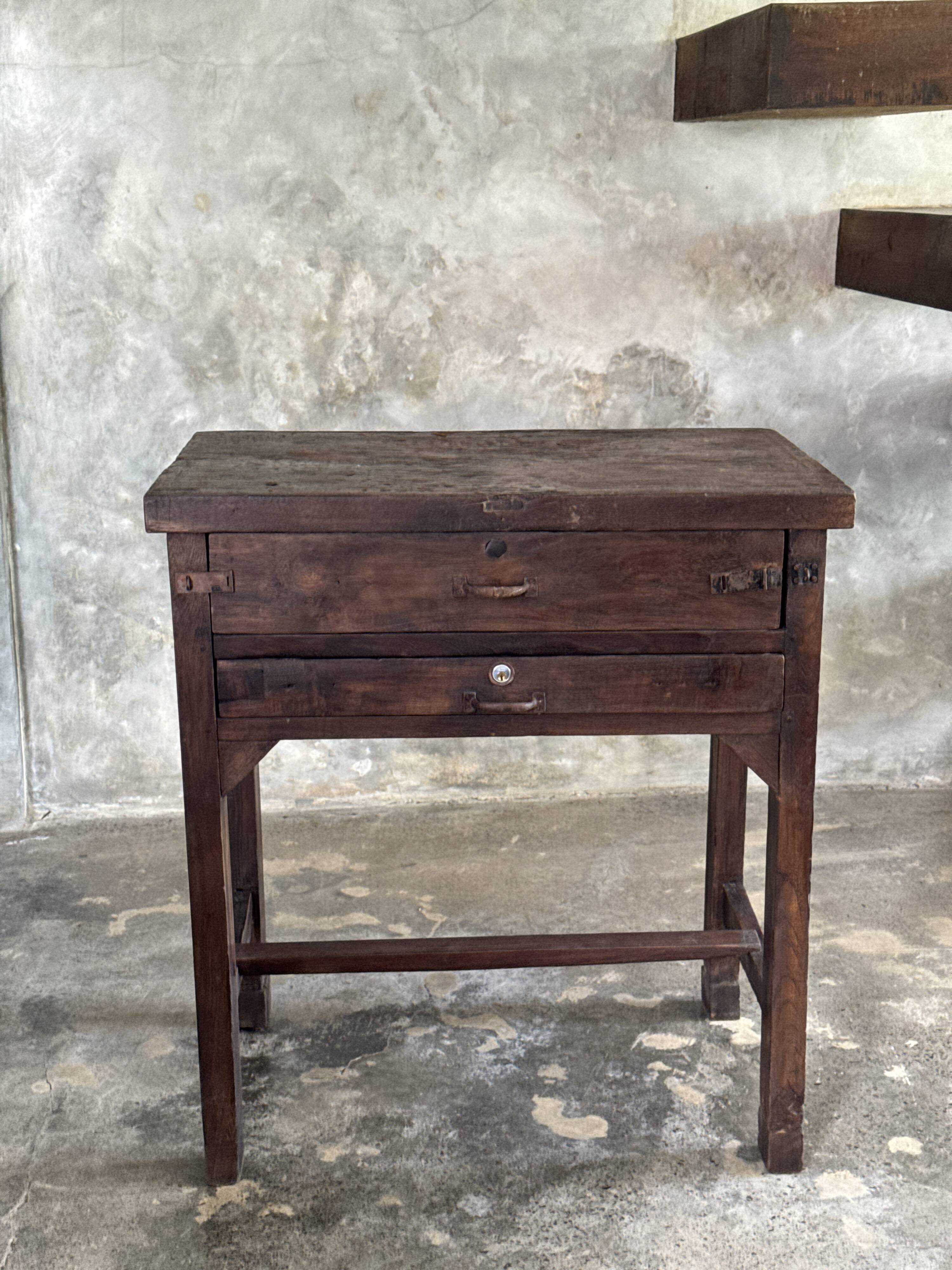Antique Indonesian teak workbench with two drawers and stretcher H89.