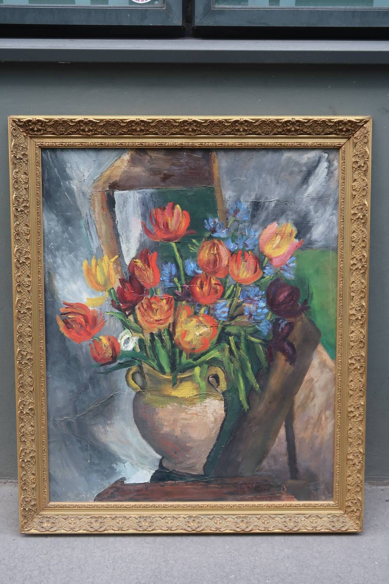 Large old oil painting, Still Life with Tulips, Gilded frame
