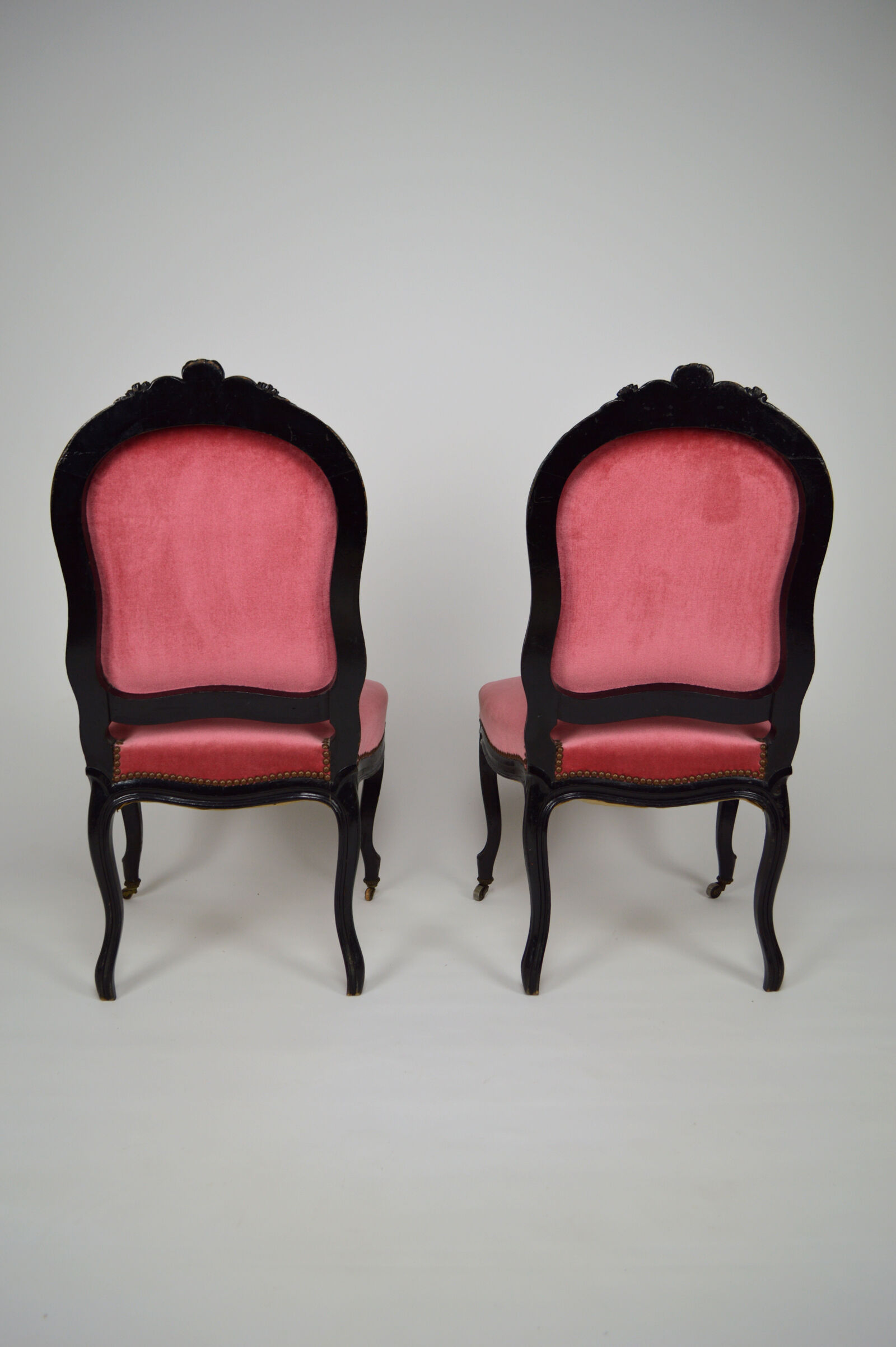 Napoleon III chairs in blackened wood and pink velvet, France, circa 1870