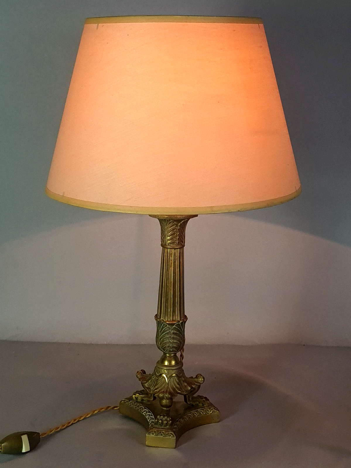 Antique bronze brass torch mounted as a lamp with shade, 44 cm C676