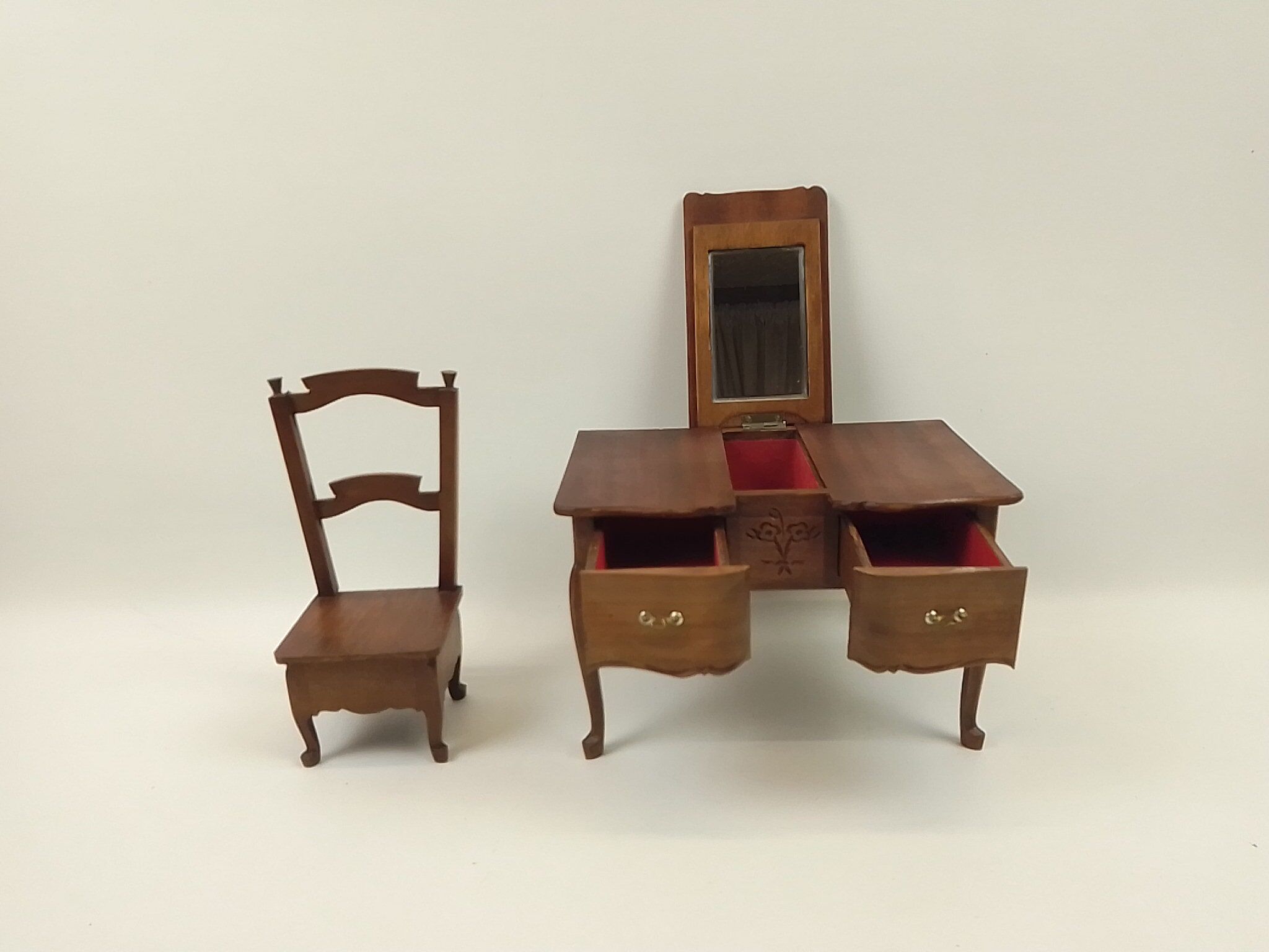 Miniature reproduction jewelry box in rustic hairdresser wood with its chair