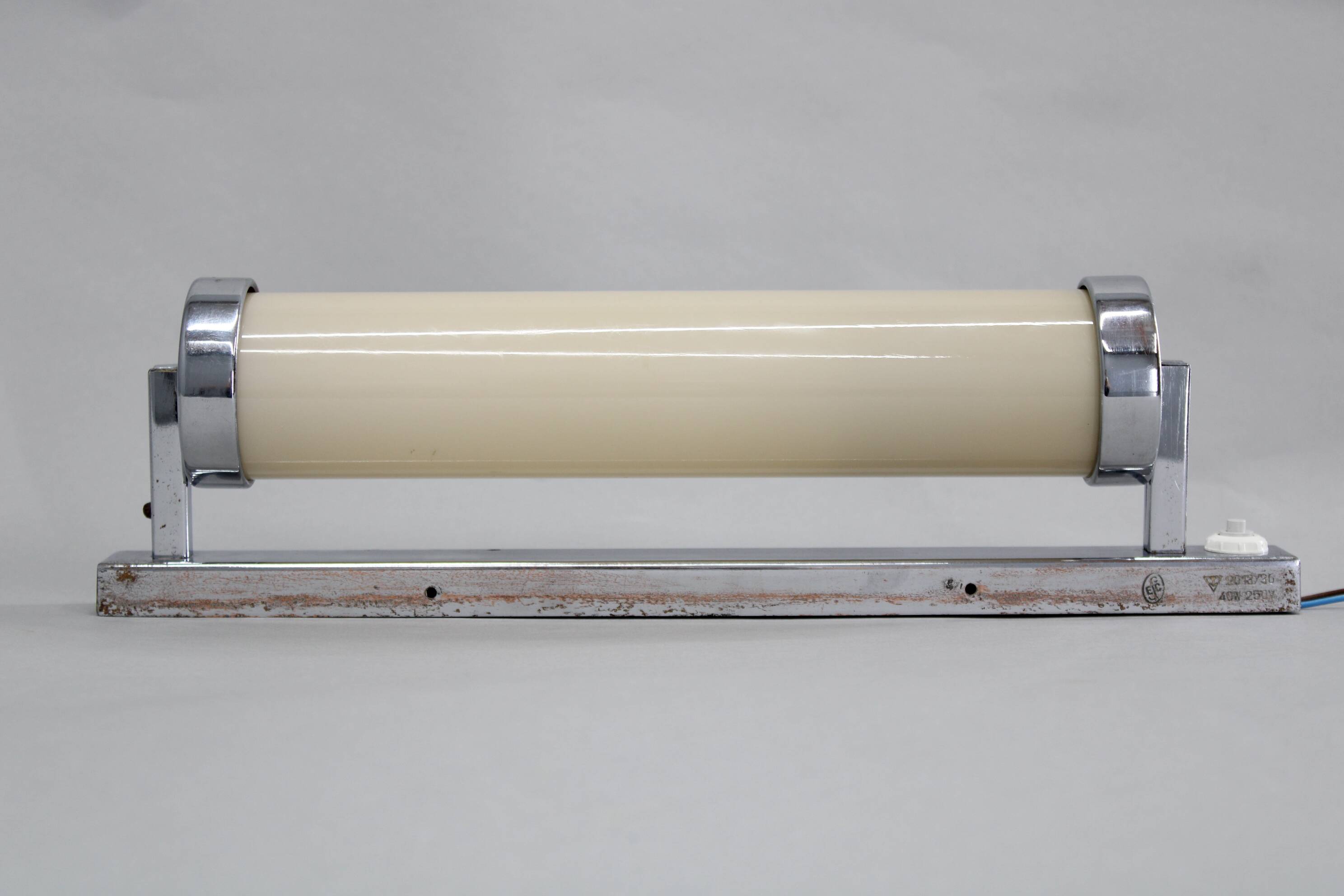 1930s Bauhaus tubular wall light, chrome & creamy glass, Czechoslovakia