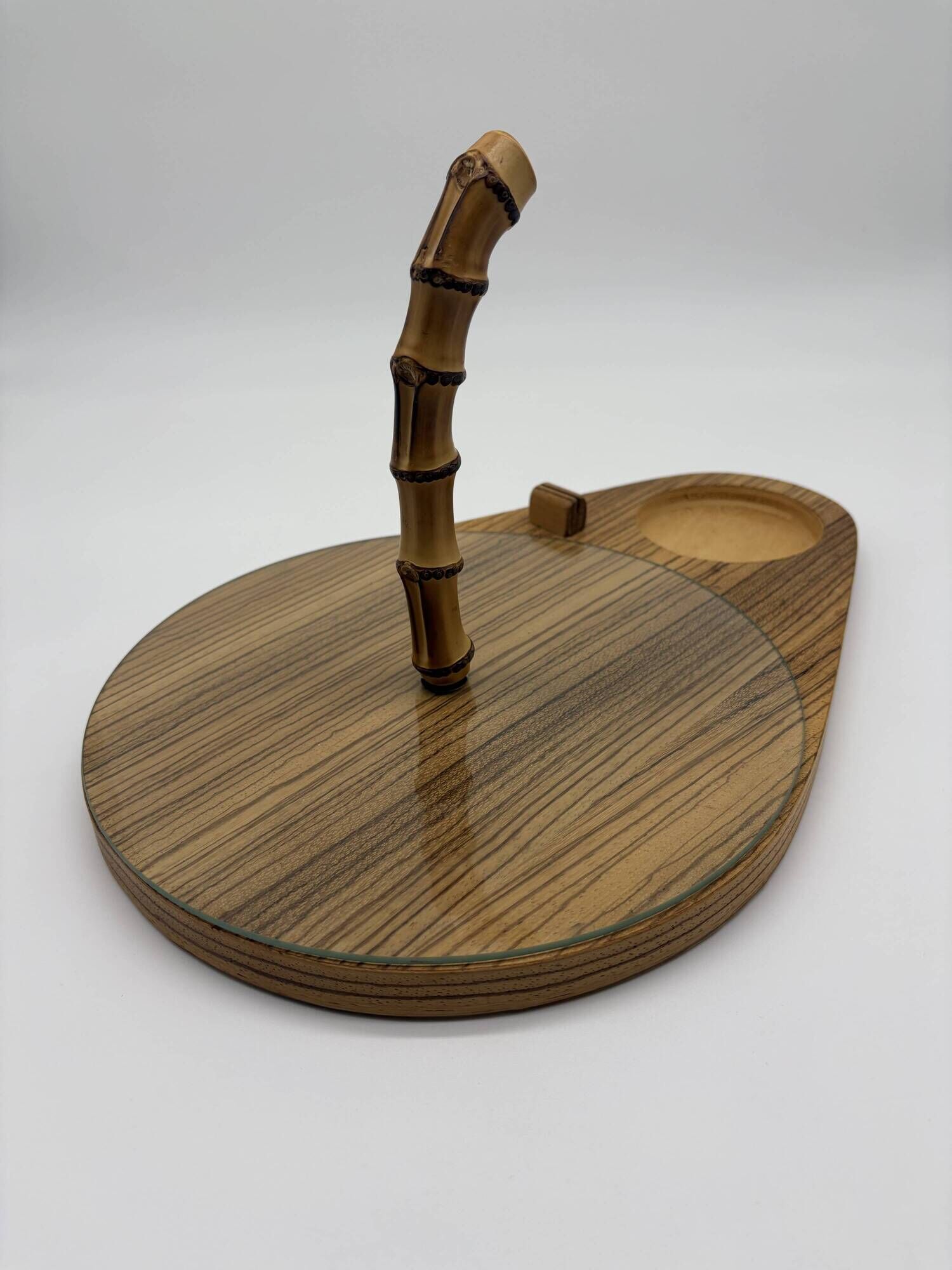 Vintage service tray wood, glass and bamboo – 1960s