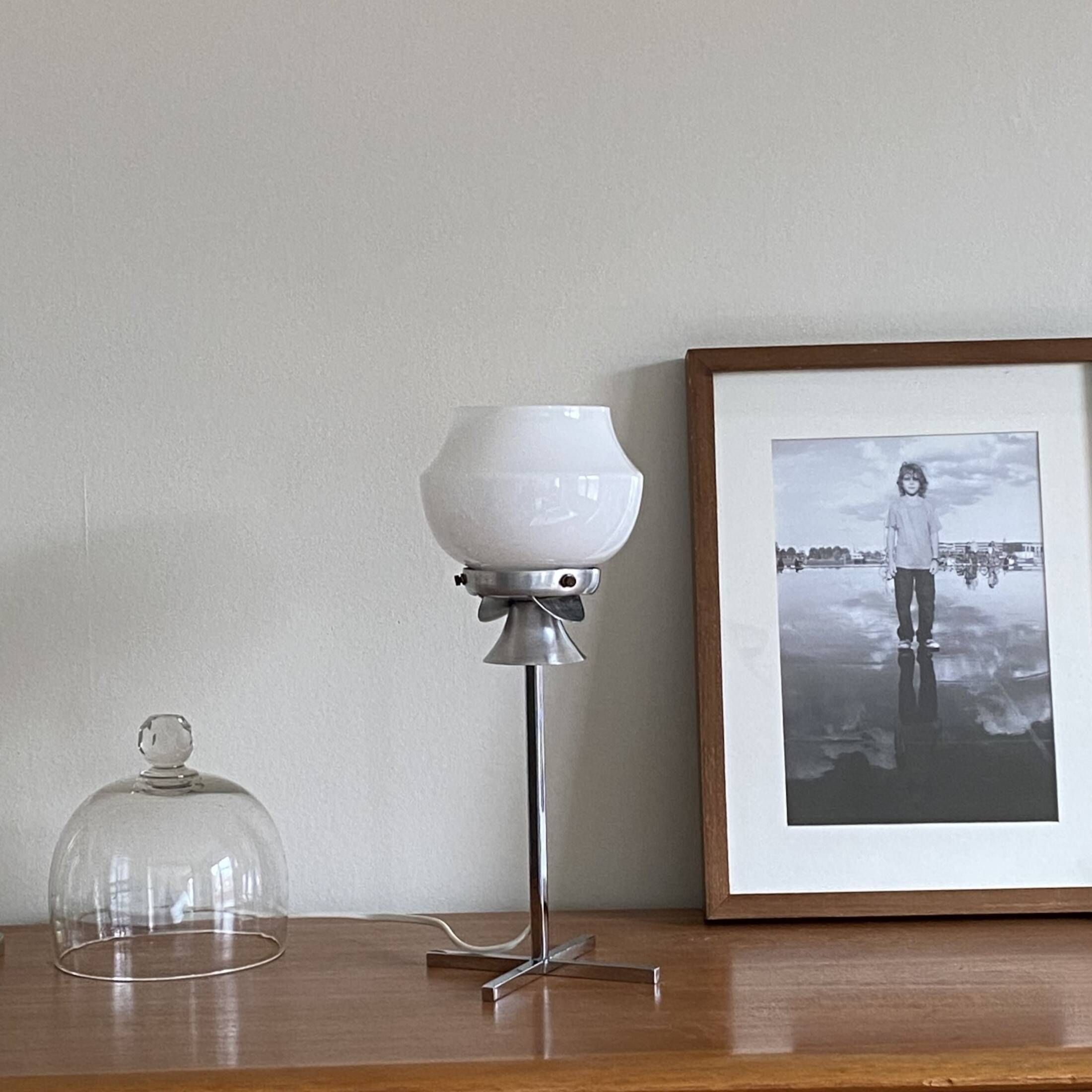 Table lamp in white opaline glass and chrome metal base vintage bedside side LAMP-7145
