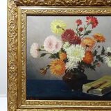 Oil painting on canvas, still life with chrysanthemums, signed L.Porte 1888.