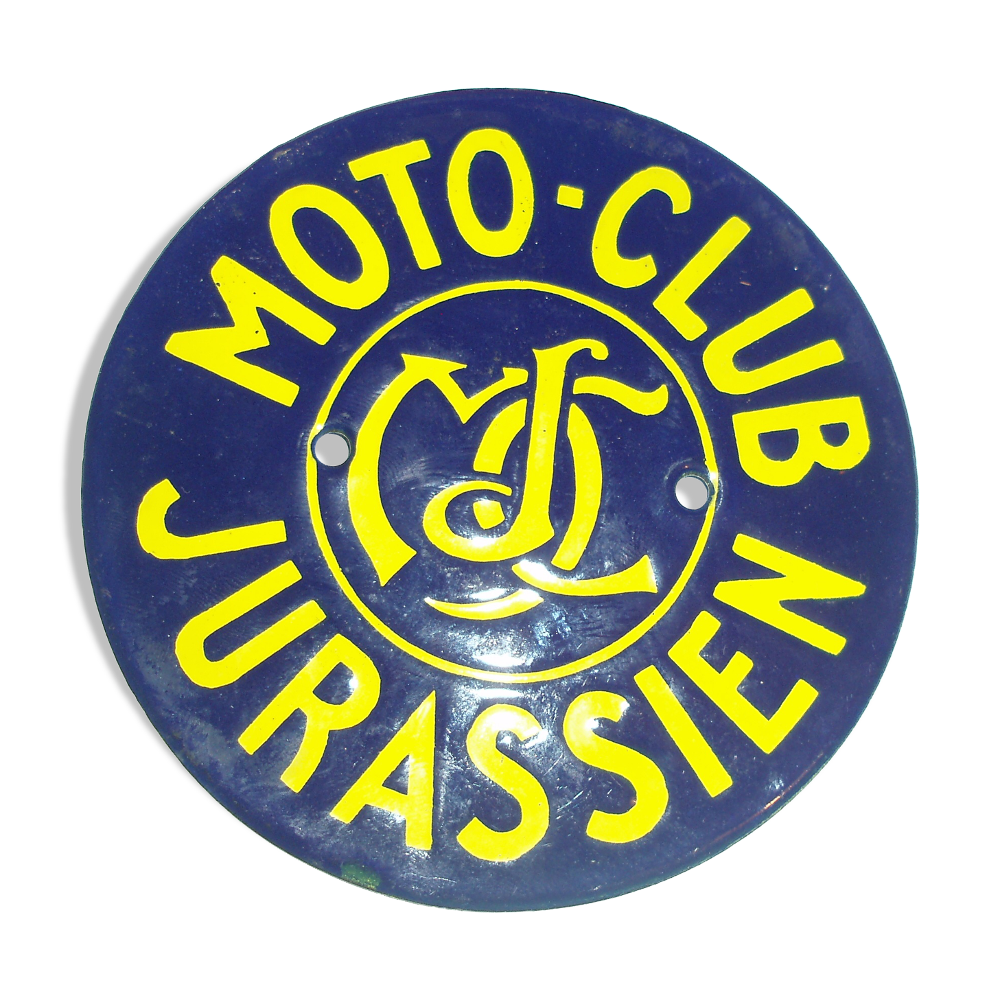 Former 1960s blue and yellow round enamel plate for Moto Club