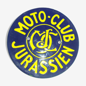 Former 1960s blue and yellow round enamel plate for Moto Club