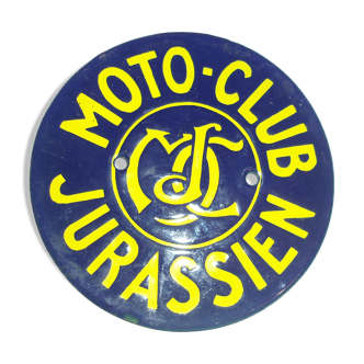 Former 1960s blue and yellow round enamel plate for Moto Club