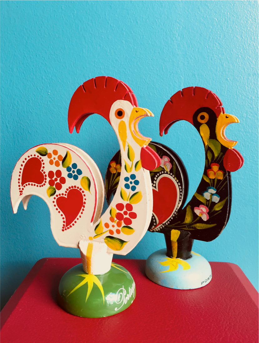 Retro wooden roosters vintage red green black and white Portugal
