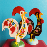Retro wooden roosters vintage red green black and white Portugal