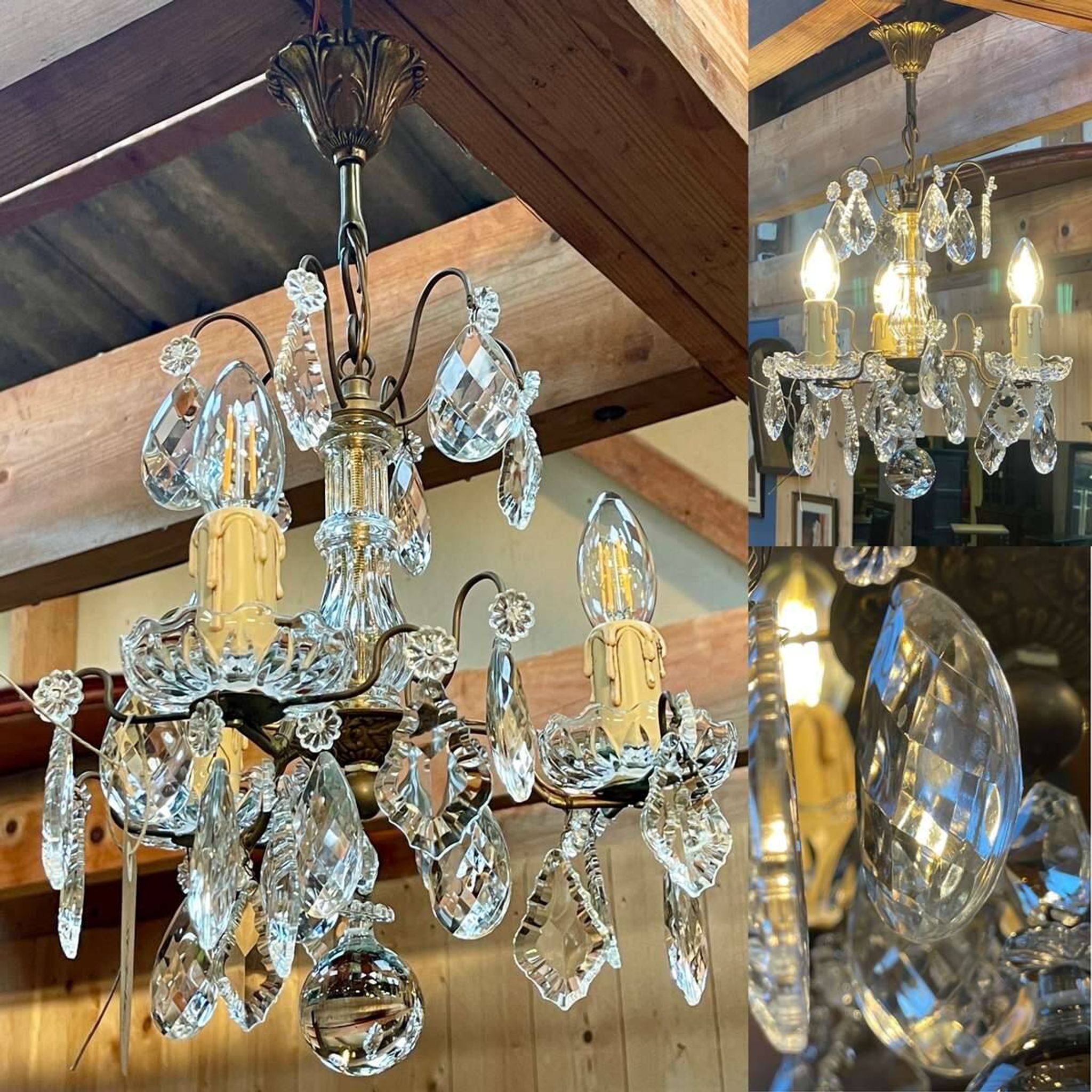 Three-light chandelier in bronze and cut crystal, early 20th century work.
