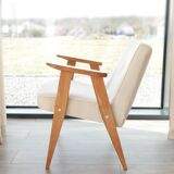 Fauteuil Lounge Vintage Crème Blanche Tissu Bois Naturel Design Scandinave