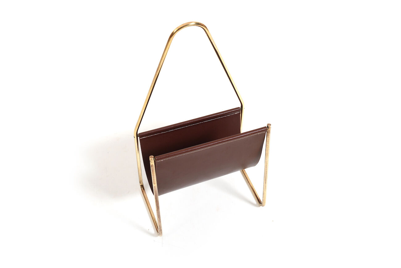 1950s Carl Auböck Magazin Holder in Brass and Leather