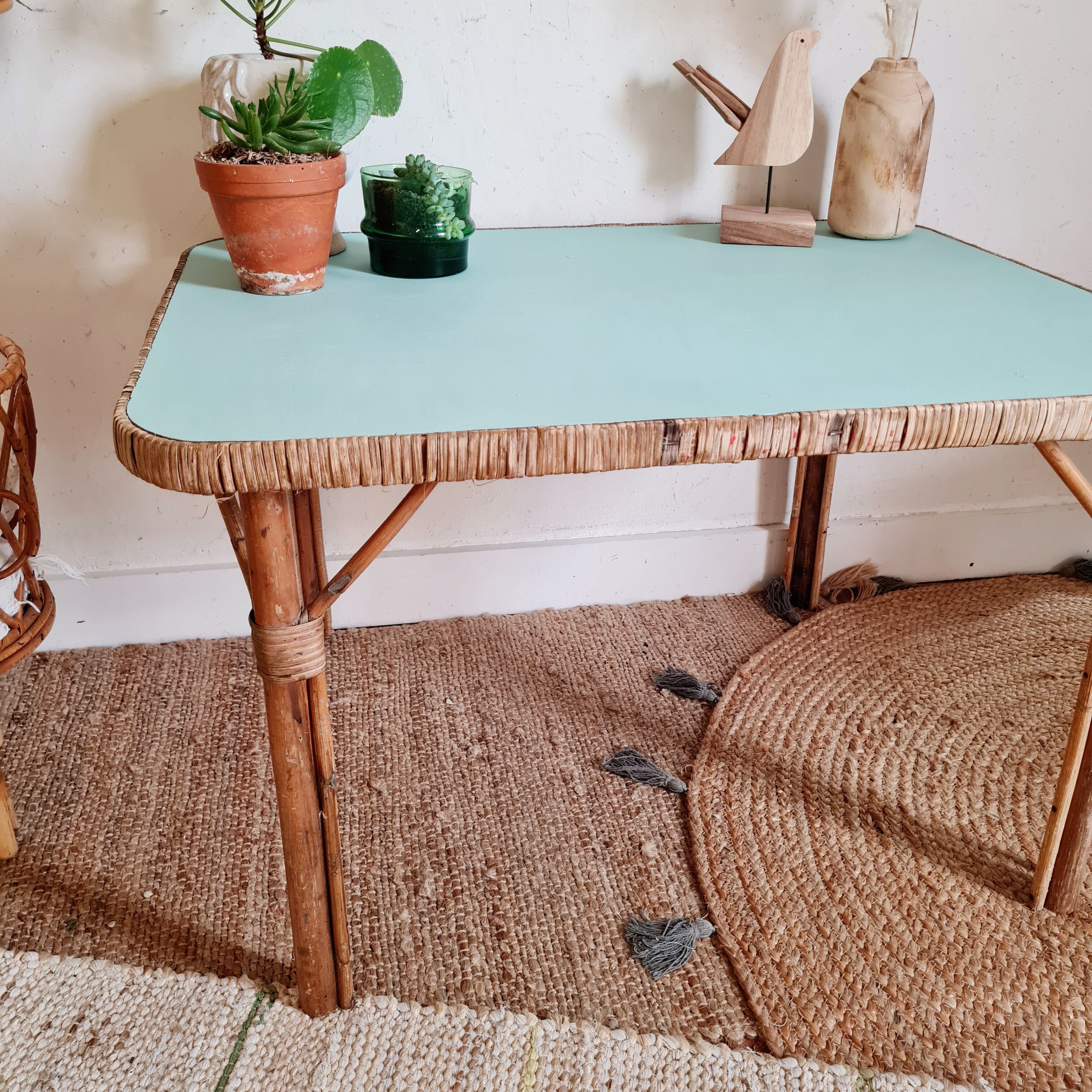 Rattan coffee table blue top