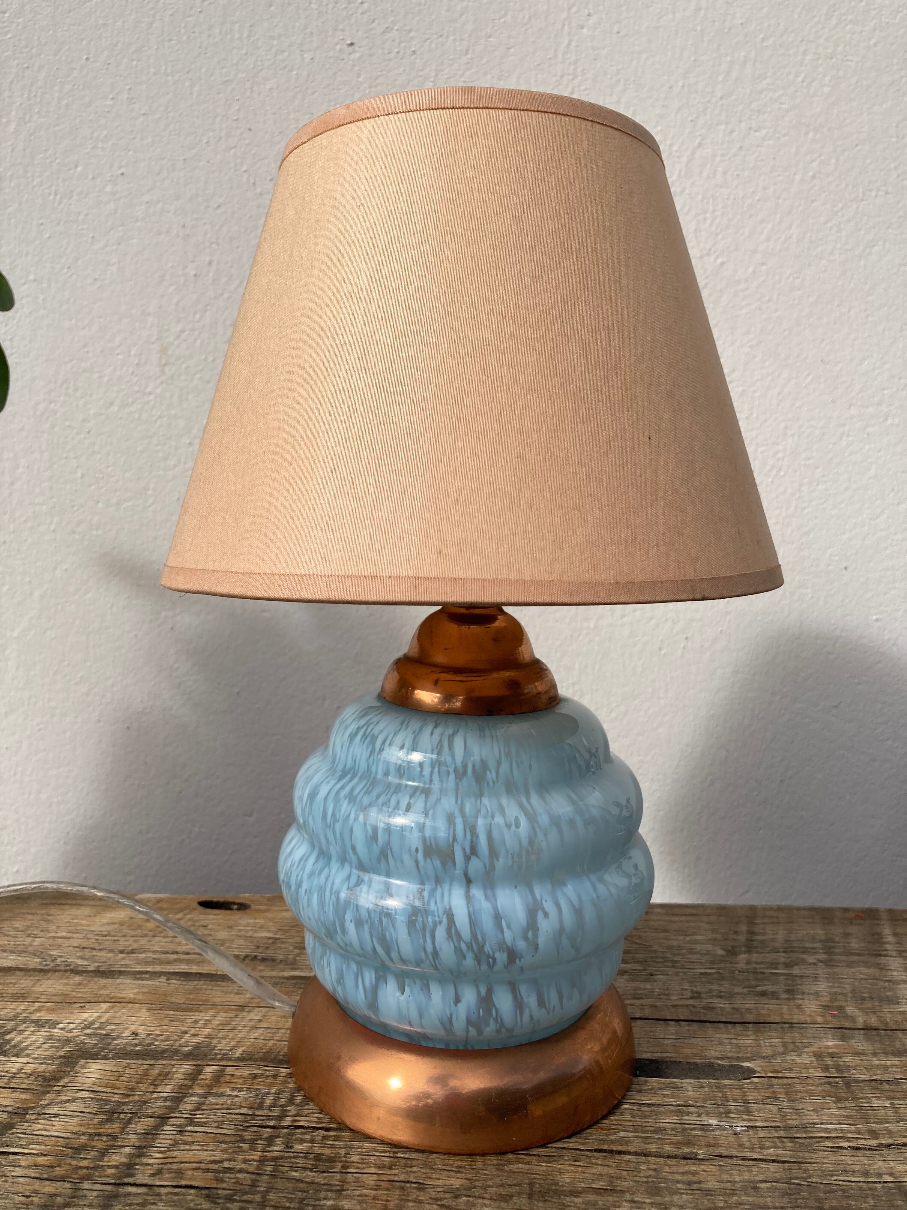 Bedside lamp in clichy glass and blue and white brass