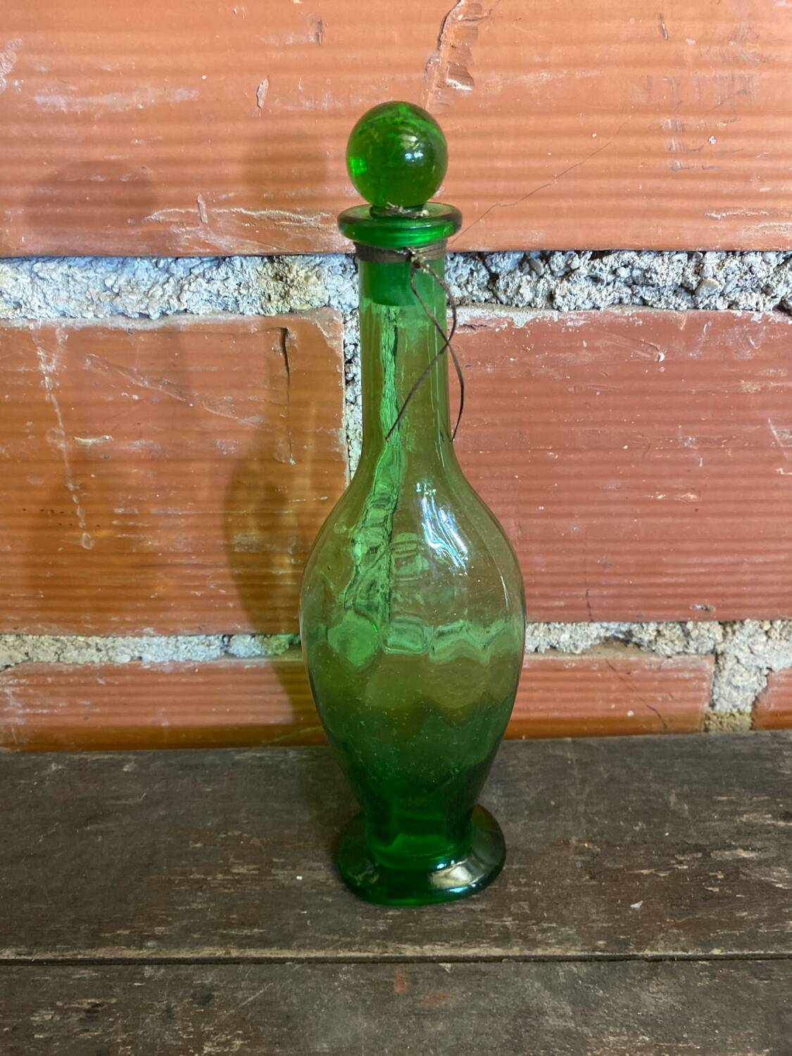 Old Green Bubble Glass Carafe Bottle with Vintage Stopper