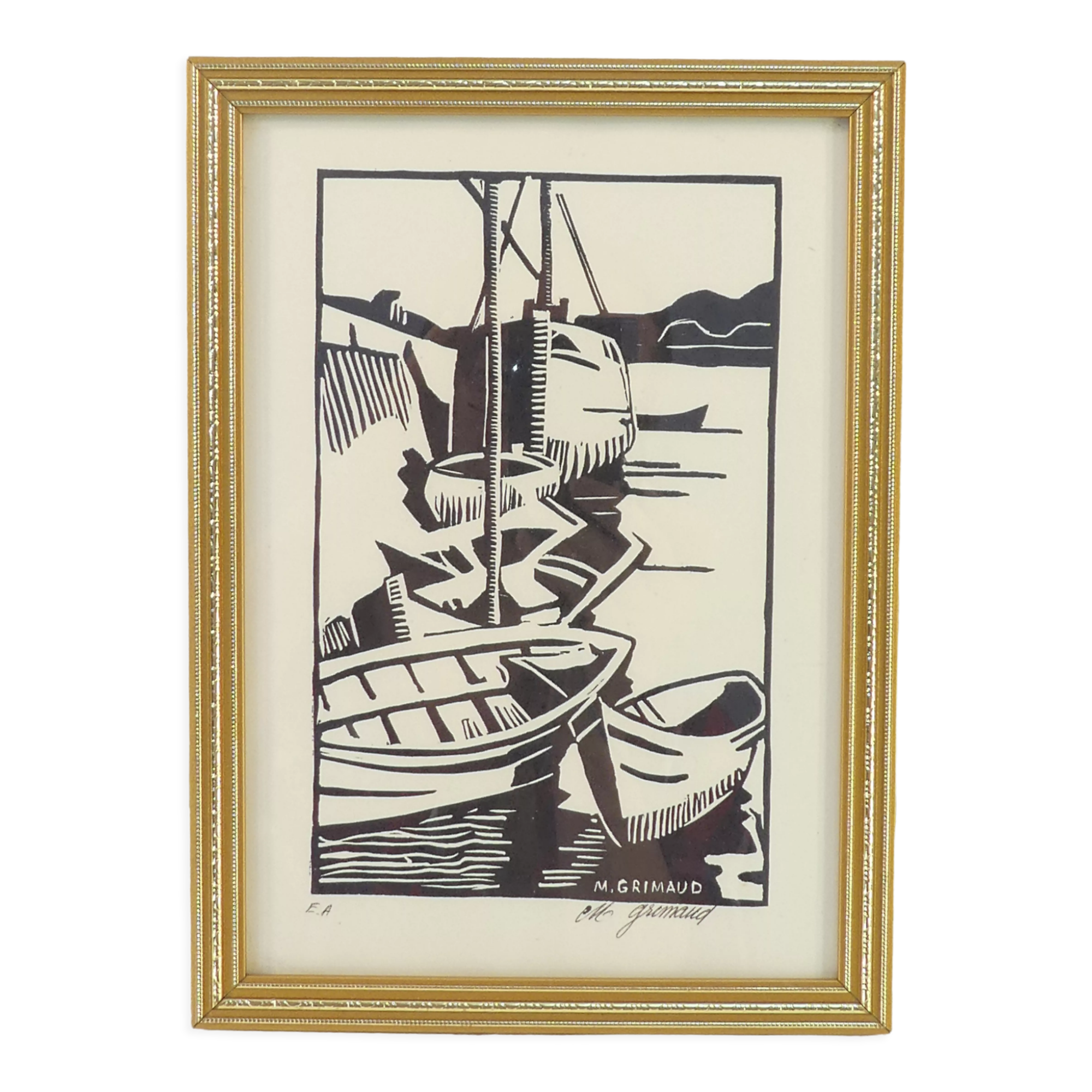 Lithograph print artist's proof signed Mr.Grimaud boat at dock